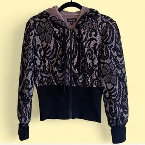 Vintage y2k Bebe black and tan fleece lined lace Patterned bedazzled logo Hoodie